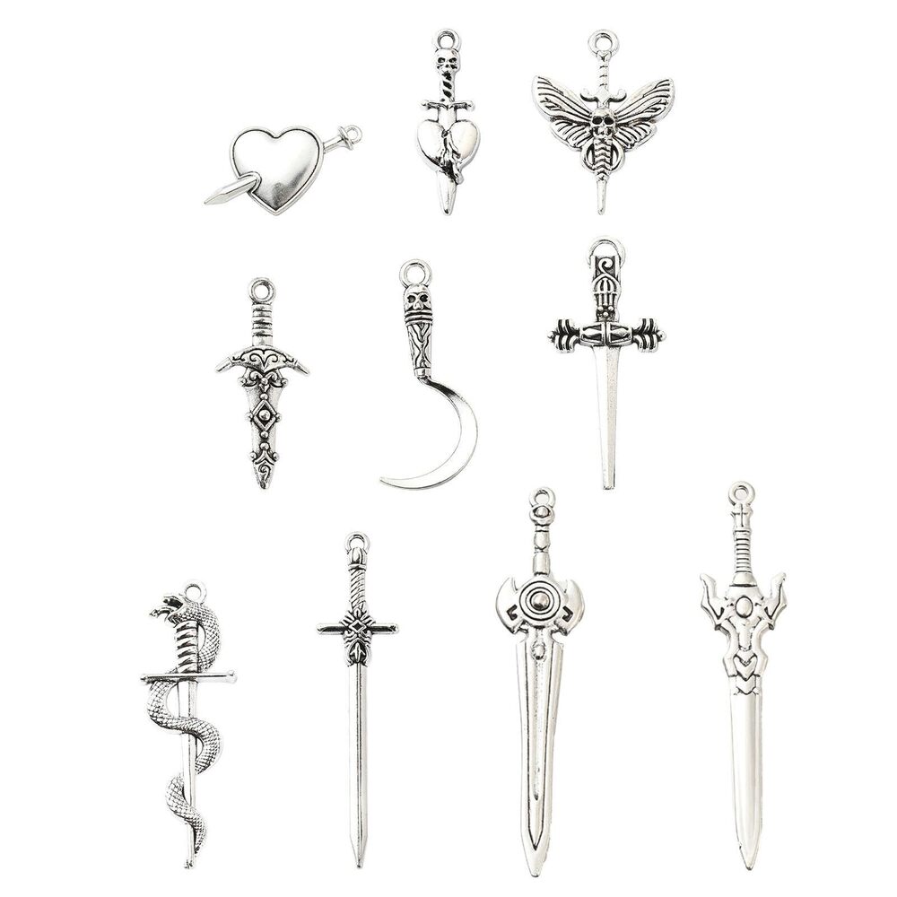 1991 60 pcs 10 Styles Antique Silver Sword Shapes Alloy Charms Vintage